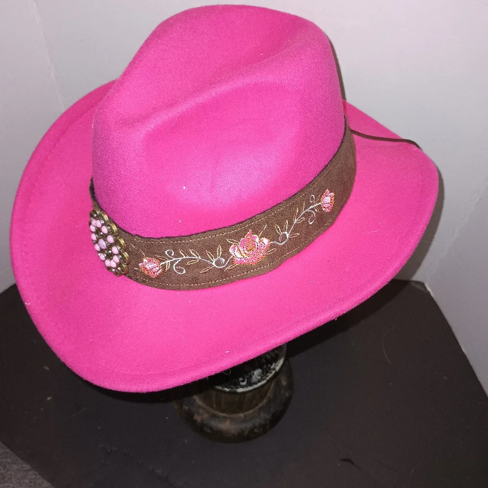 Pink Fedora Hat with Embroidered Band - Picture 5 of 5